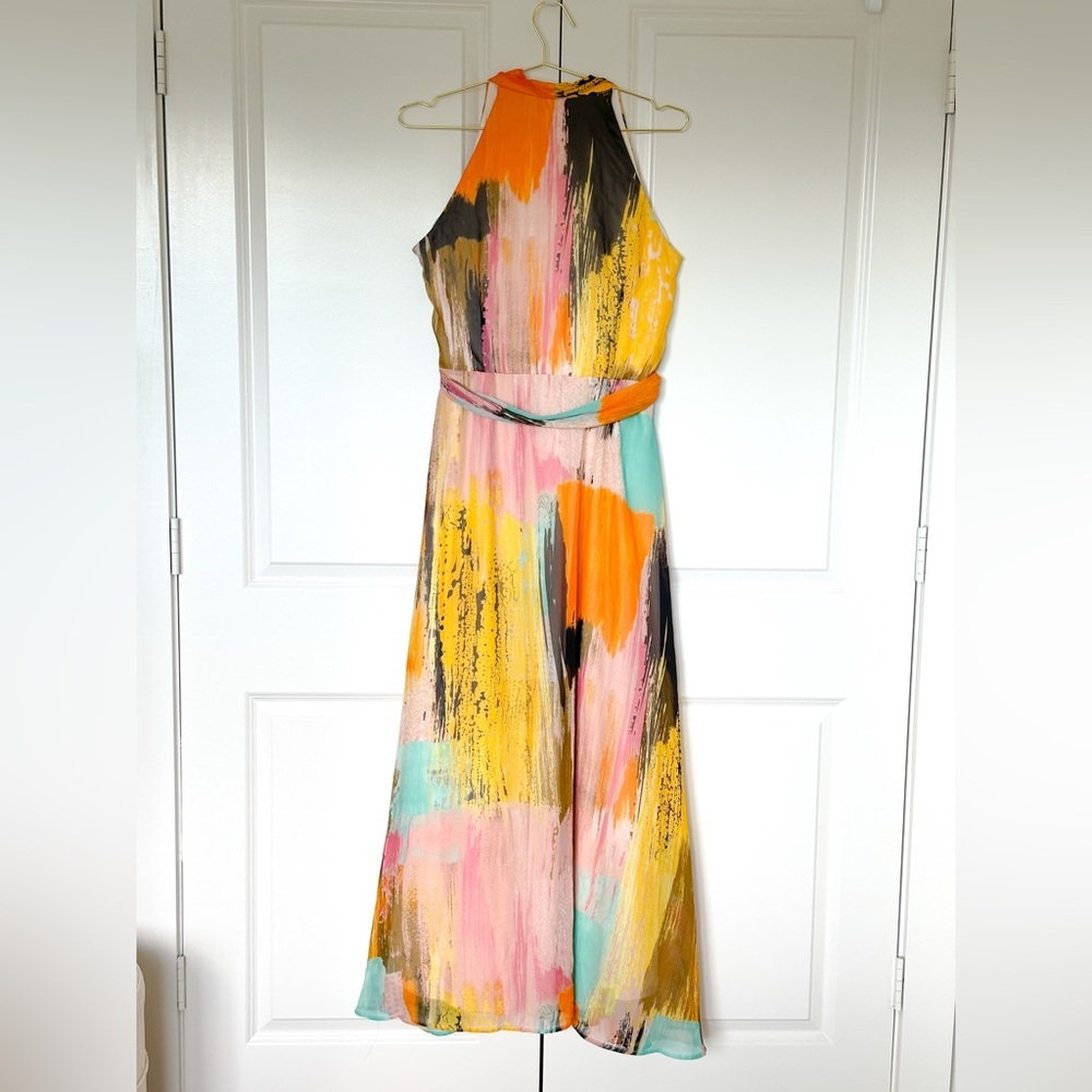 Chetta B Halter Tie Front Maxi Dress in Pink and Orange - Picture 11 of 15